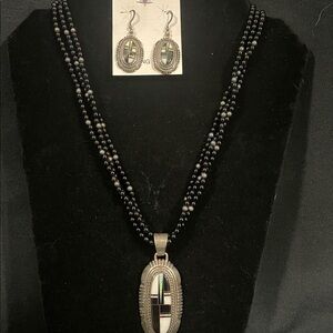 Black onyx and white opal inlay necklace and earring set